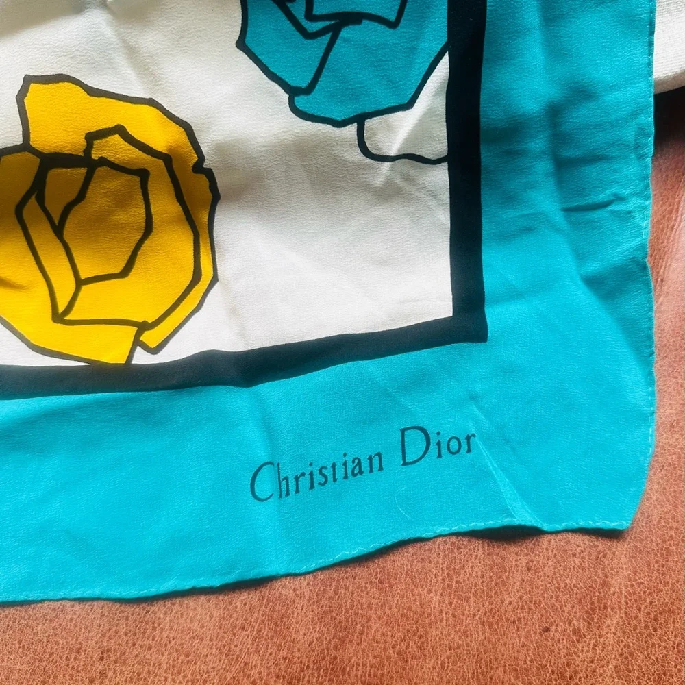 Christian Dior vintage Rose print silk scarf Rare colors(turquoise blue,bright)